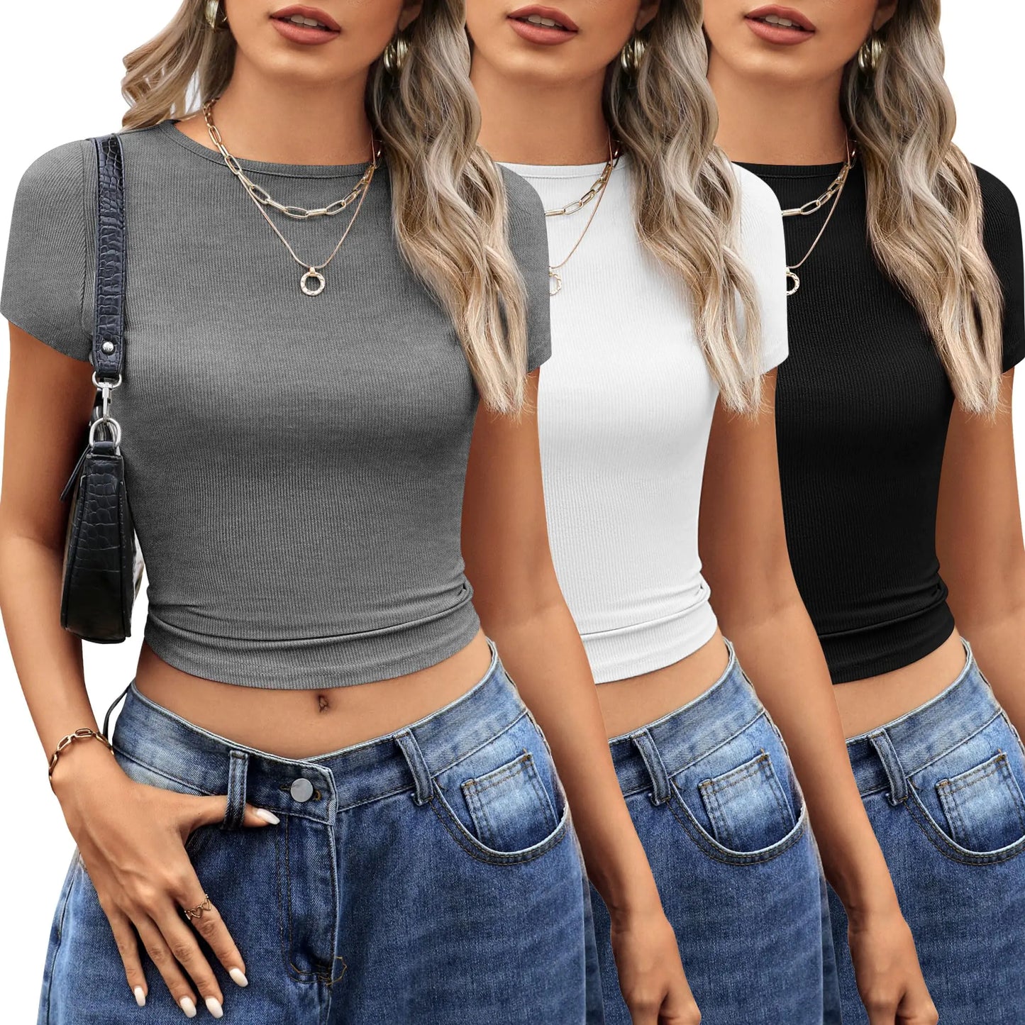 Women’s Ribbed Knit Crop Top Set (3-Pack)
