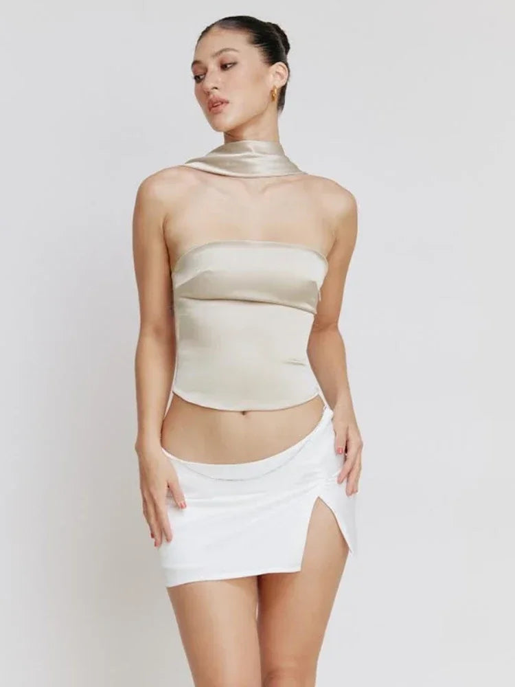 Satin Halter Backless Crop Top
