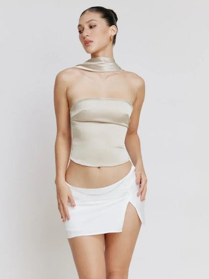 Satin Halter Backless Crop Top